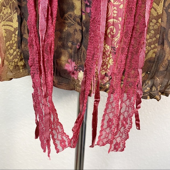 Vintage Y2K Boho Leopard Mixed Print Lace Ribbon Snap Shirt Lg - Picture 3 of 10